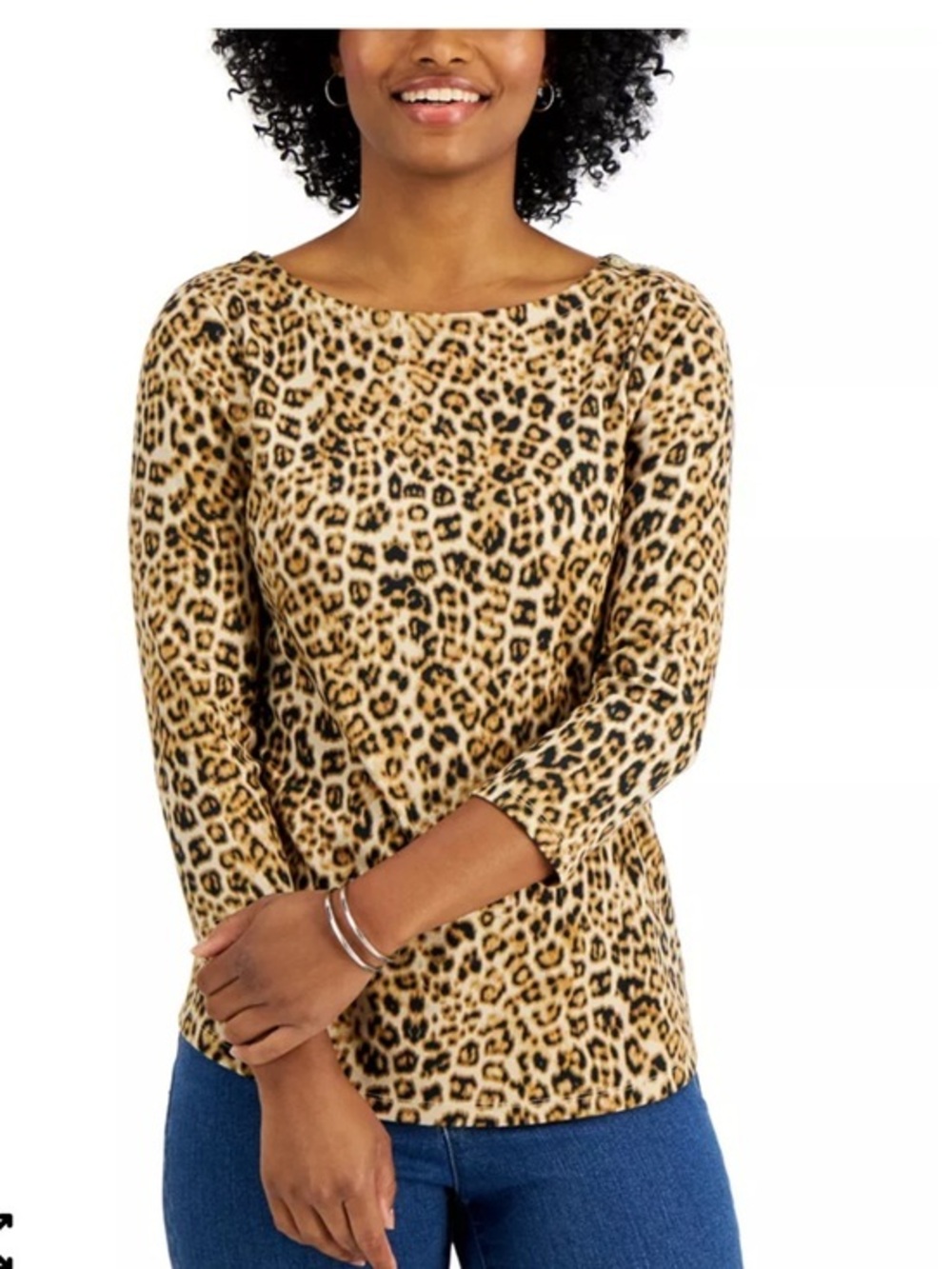 Charter Club Leopard Print Boatneck Top - Tan, Black supima cotton